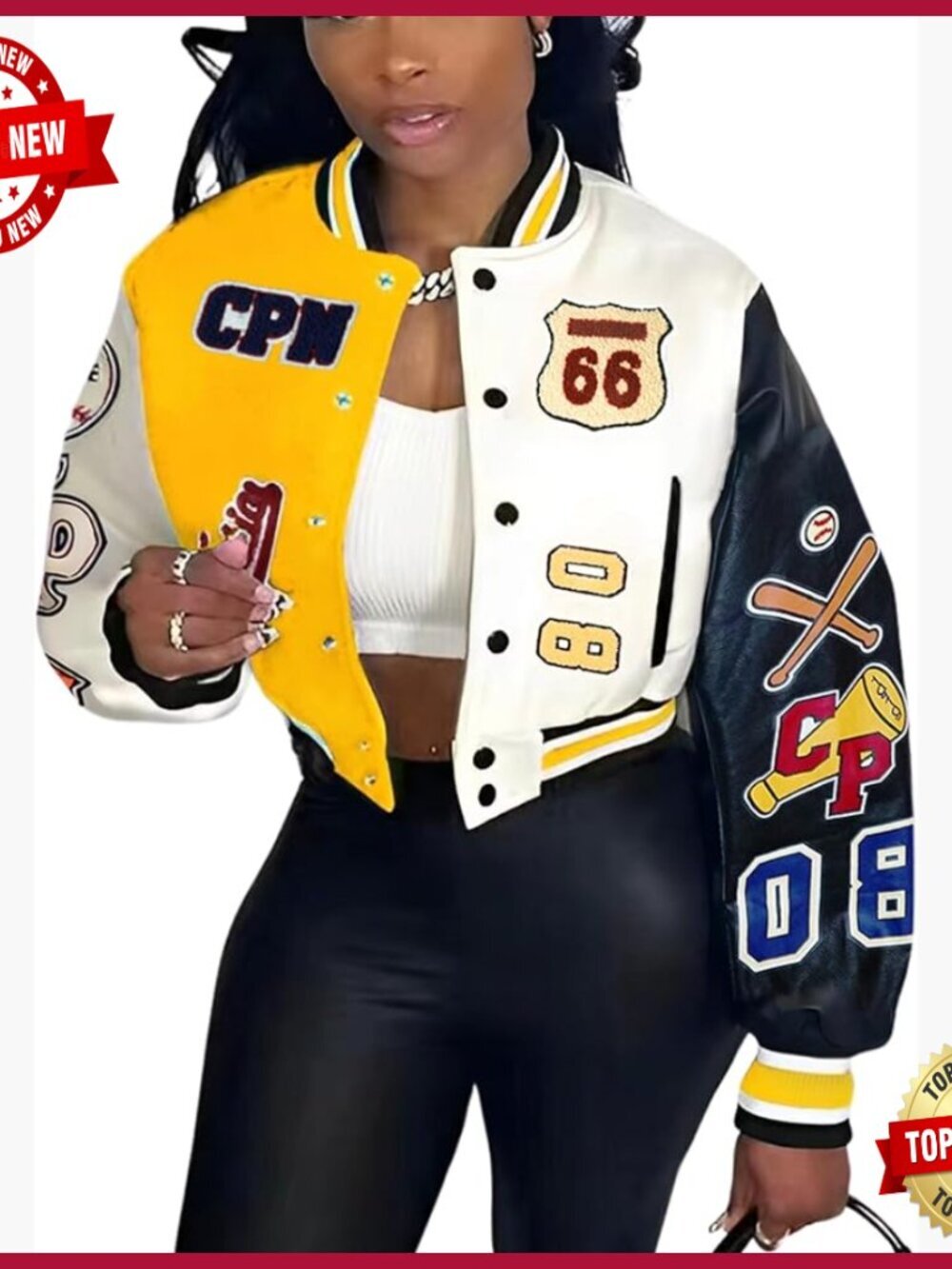 Cropped Faux Leather Bomber Jacket with Patches, Varsity Style S-XXL